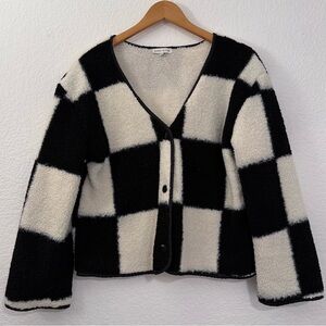 Moon River Womens Sherpa Jacket, Size M Black White Checkered Coat Anthropologie